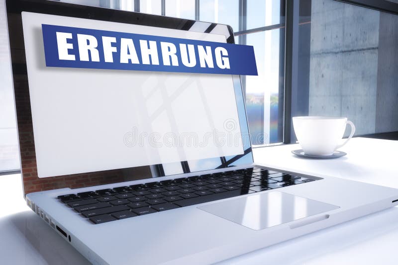 Erfahrung - german word for experience text on modern laptop screen in office environment. 3D render illustration business text concept customer education success idea technology icon solution internet life training service market help achievement advantage skills symbol knowledge learning development innovation vision experiment expert marketing motivation abstract style web communication sales relations solutions improvement commerce usability consumer communications rendering