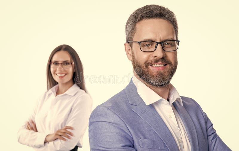 Erfolgreiche Geschäftspartner oder Geschäftsleute, die Brillen tragen und isoliert auf weiß arbeiten stockfotografie