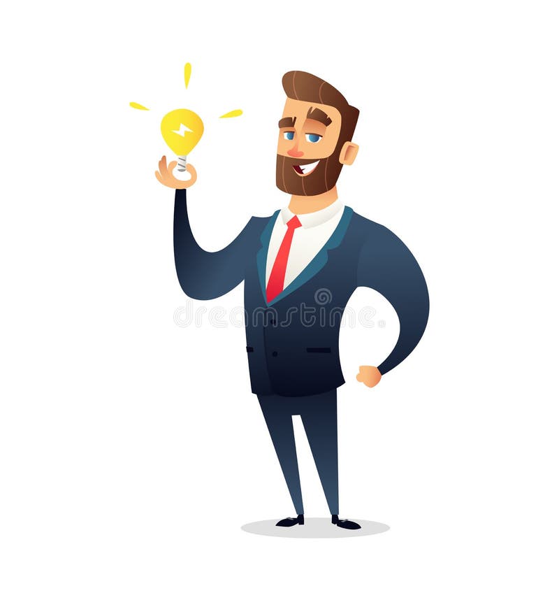 Erfolgreicher Bartgeschäftsmanncharakter, der Glühlampe hält Großes Ideenkonzept Symbol des Habens von Geschäftsinspiration lizenzfreie abbildung Erfolgreicher Bartgeschäftsmanncharakter, der Glühlampe hält Großes Ideenkonzept Symbol des Habens von Geschäftsinspiration lizenzfreie abbildung