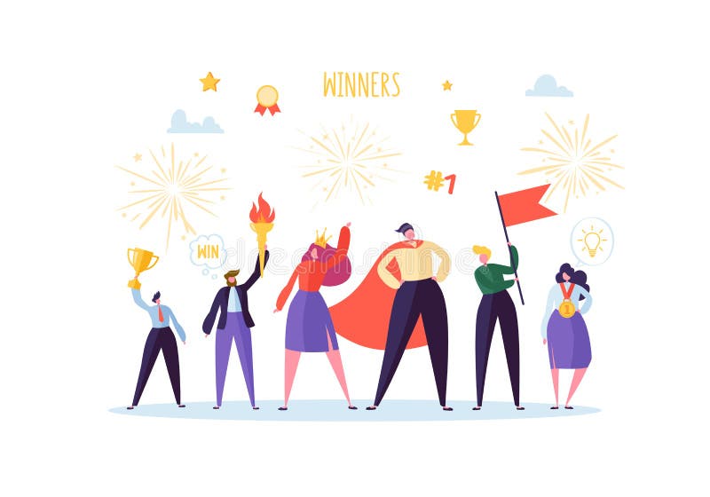 Successful Businessman with Prize. Business Success Teamwork Concept. Manager with Winning Trophy Cup. Leader Man and Woman Celebrating Victory. Vector illustration. Successful Businessman with Prize. Business Success Teamwork Concept. Manager with Winning Trophy Cup. Leader Man and Woman Celebrating Victory. Vector illustration