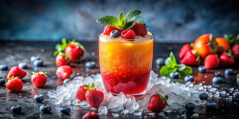 Erfrischende Beeren und Zitrusgetränke in einem Glas, umgeben von Eis und frischen Früchten. Generative AI stock abbildung