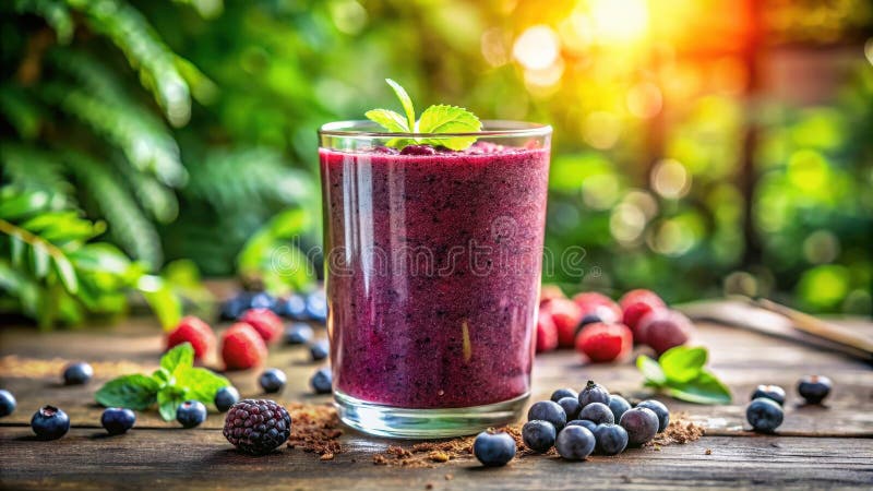 Erfrischende Beerensmoothie in einem Glas umgeben von frischen Beeren auf einem rustikalen Holztisch im Freien. Generative AI lizenzfreie abbildung