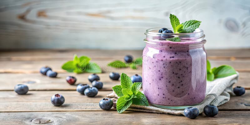 Erfrischende Beerensmoothie in Glasjar mit Minzgarn auf rustikalem Holztisch. Generative AI stock abbildung