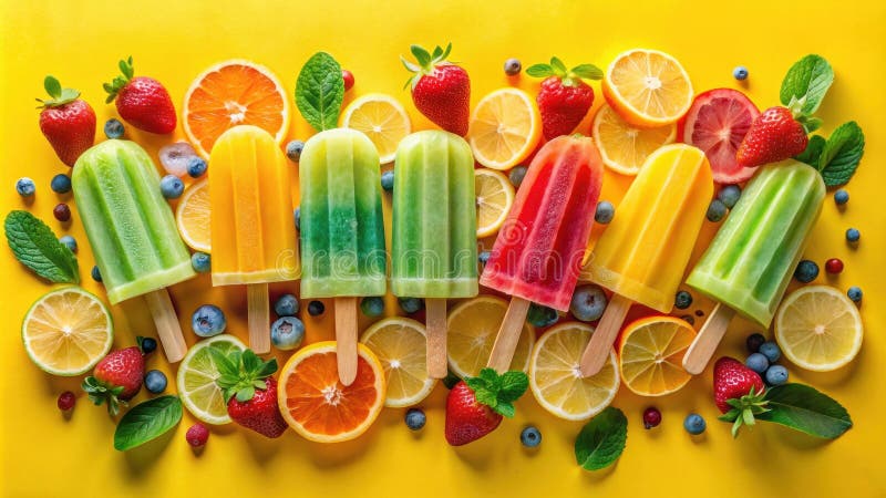 Erfrischende Fruchtpopsikel mit Zitrusfrüchten und Beeren auf gelbem Hintergrund. Generative AI stock abbildung