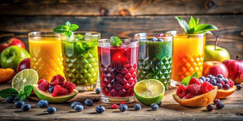 Erfrischende Fruchtsäfte mit frischen Beeren. Generative AI lizenzfreie abbildung