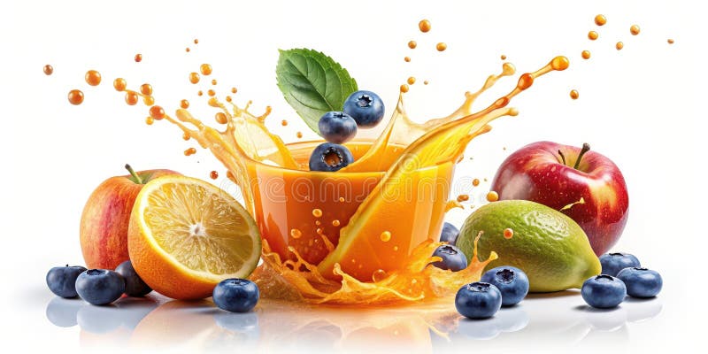 Erfrischende Fruchtsäfte mit Äpfeln, Orangen- und Heidelbeeren. Generative AI lizenzfreie abbildung