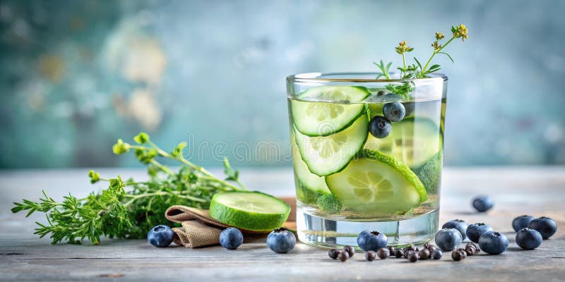 Erfrischende Gurke und Heidelbeere spülten Wasser mit Kräutern. Generative AI vektor abbildung