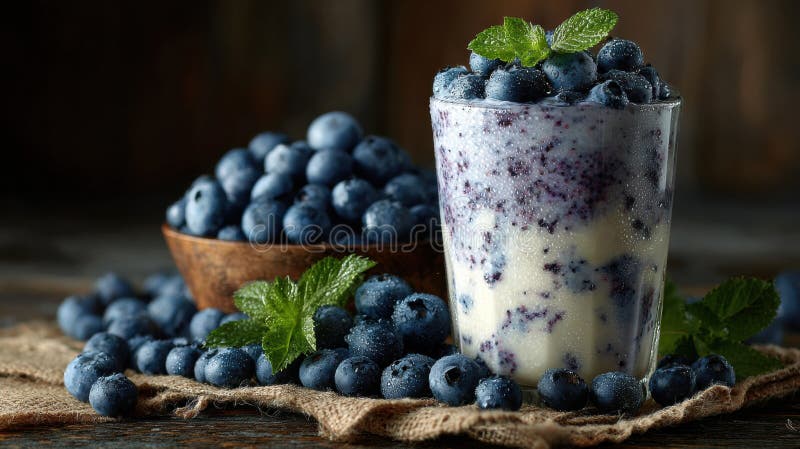 Erfrischende Heidelbeere in Glas mit frischen Minzblättern umgeben von einer Schüssel Heidelbeeren. Generative AI lizenzfreie abbildung