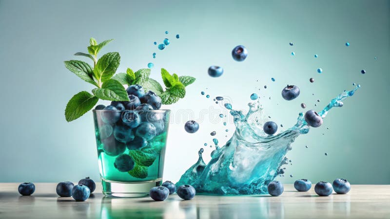 Erfrischende Heidelbeere Minzgetränke mit Wasserspritze. Generative AI stock abbildung