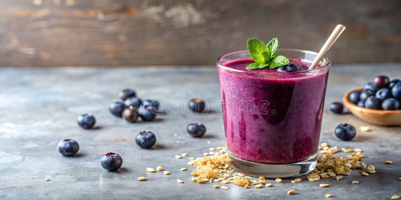 Erfrischende Heidelbeere-Smoothie mit Hafergarnisch und Minze. Generative AI. Eine harmonische Mischung aus Formularfarbe und Konzept in visueller Ausdrucksweise.
