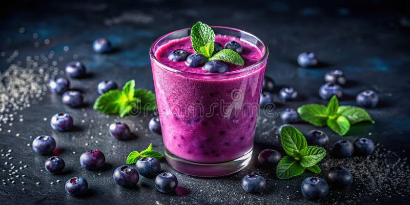 Erfrischende Heidelbeere-Smoothie mit Minzgarn im Glas. Generative AI vektor abbildung
