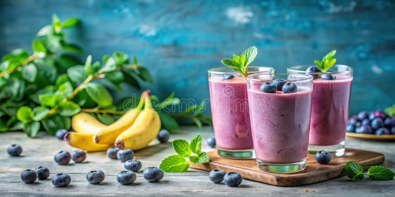 Erfrischende Heidelbeeren-Bananen-Gläser mit Minzgarn auf Holzbrett. Generative AI vektor abbildung
