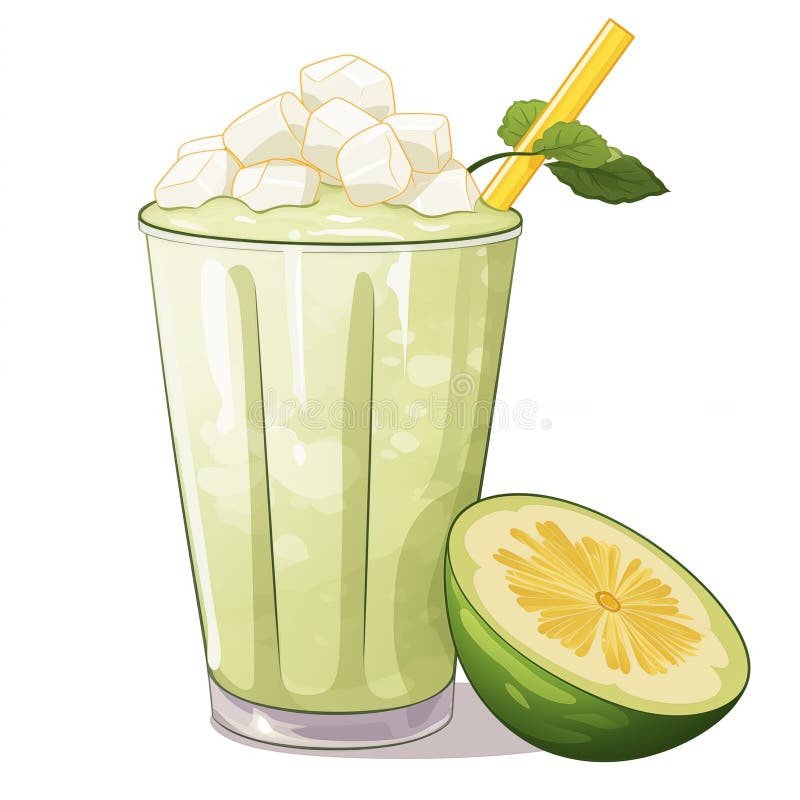 Erfrischende Limonensmoothie mit Eiswürfeln und Minzblättern in einem großen Glas auf hellem Hintergrund. Ein großes Glas mit cremigem Kalk-Smoothie mit Eiswürfeln und frischen Minzblättern. eine halbe Linse neben dem Glas, die eine köstliche tropische Pflege verspricht. ai generiert