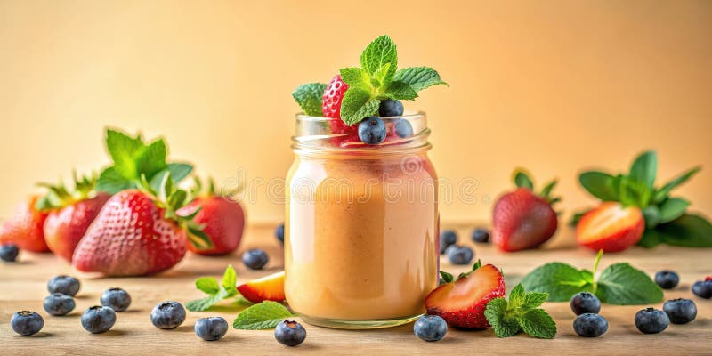 Erfrischende Pfirsich- und Beerensmoothie in einem Glas Glas mit frischem Obstgarn. Generative AI vektor abbildung