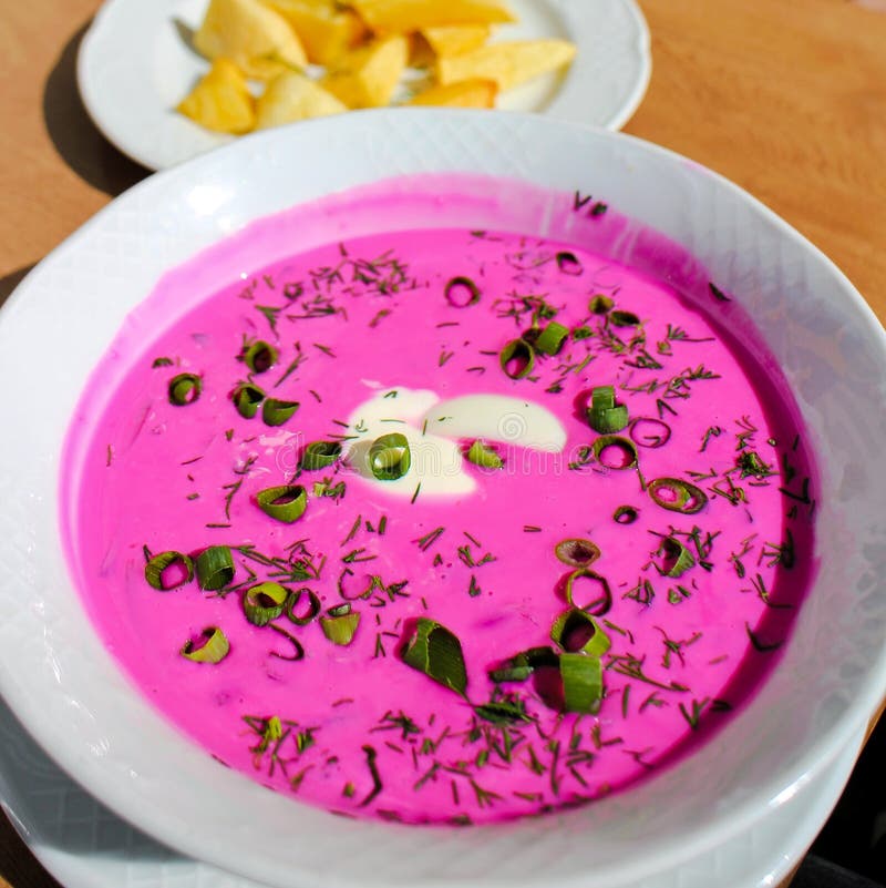 Bright pink Auksta Zupa is a Latvian beetroot soup loved around the Baltics. This healthy refreshment gets its vibrant fuchsia color from beets and kefir and is fully vegetarian. Seen in Riga, Latvia. Bright pink Auksta Zupa is a Latvian beetroot soup loved around the Baltics. This healthy refreshment gets its vibrant fuchsia color from beets and kefir and is fully vegetarian. Seen in Riga, Latvia.