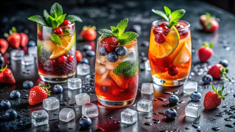 Erfrischende Sommerbeere und Zitrusfrüchte in Gläsern mit Eiswürfeln. Generative AI lizenzfreie abbildung