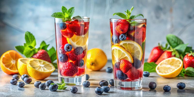 Erfrischende Sommerküsteninfusion mit zwei Gläsern Erdbeere, Heidelbeere und lemoninfundiertes Getränk. Generative AI stock abbildung