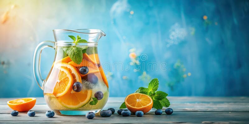 Erfrischende Zitrusfrüchte und Heidelbeere in einem Glaskasten mit Wasser. Generative AI stock abbildung