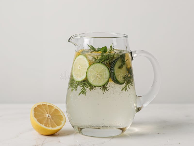 Erfrischende Zitrusfrüchte und Kräuter Wasser in Glass Pitcher Lemon auf Marmorfläche. lizenzfreie stockfotografie