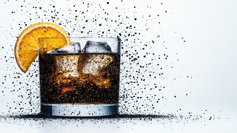 Erfrischender Cocktail mit Eis und Citrus Slice umgeben von kreativem Black Splash Effekt vektor abbildung
