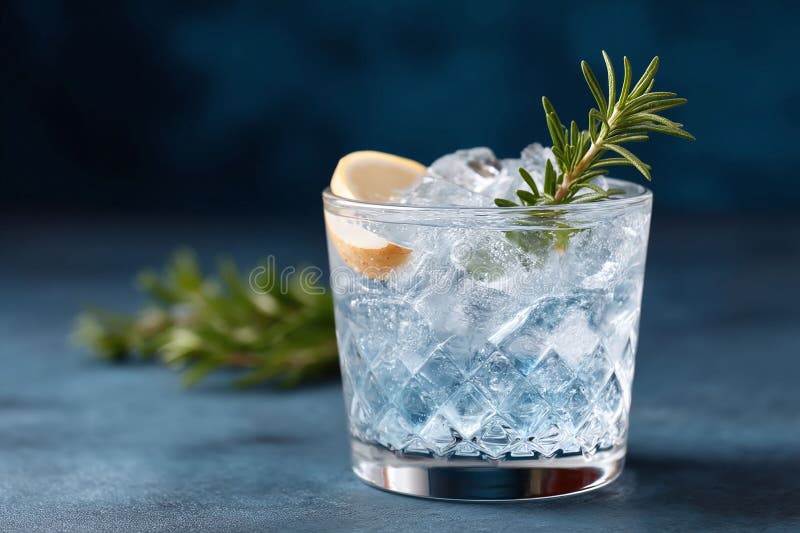 Erfrischender Cocktail mit Eis Zitrone und Rosmarin in einem stilvollen Glas. Perfekt für Sommerfeiern oder einen erholsamen Abend lizenzfreie abbildung
