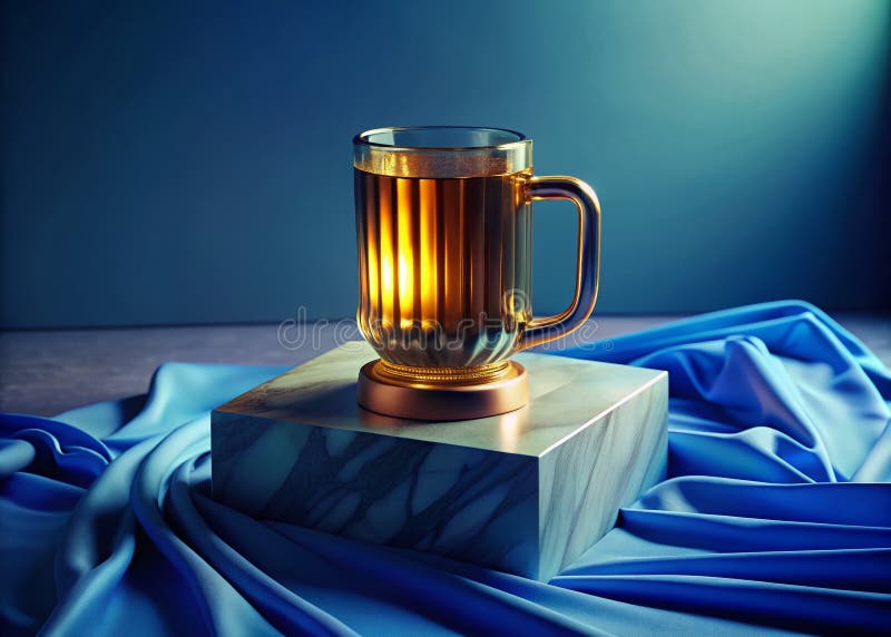 Erfrischender Eiskaffee in einem luxuriösen Goldbecher, der auf einer eleganten Marmorplattform vor einem lebendigen Bokeh präsent. Genießen Sie die Kunst eines perfekt zubereiteten Eiskaffees. Das Getränk wird in einem edlen Becher mit Goldakzenten präsentiert und strahlt einen Hauch von Eleganz aus. Der warme Goldton des Bechers ergänzt die kühlen Töne des Eiskaffees und erzeugt einen fesselnden visuellen Kontrast. Das Getränk ruht auf einer eleganten, weißen Marmorplattform, die der Szene einen Hauch moderner Raffinesse verleiht. Die glatte, geäderte Oberfläche