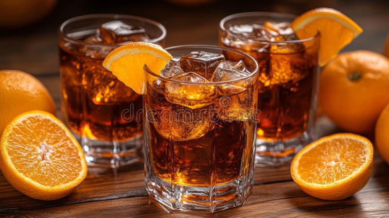 Erfrischender Eistee mit Orangenscheiben in Gläsern, umgeben von frischen Orangen stock abbildung