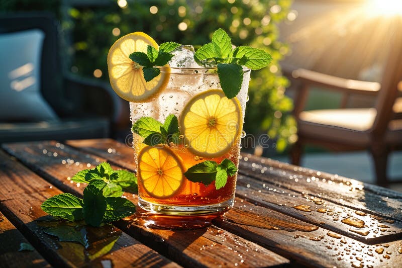 Erfrischender Eistee mit Zitrone und Minze auf einem sonnigen Holztisch. Ein erfrischendes Glas Eistee mit Zitronen und Minze steht auf einem Holztisch, der mit Schatten aufgereiht ist und das Wesen der Sommererholung verkörpert. Dieses lebendige Bild zeigt die Coolness des Getränks, den hellen Zitronenzitrus und den frischen Aroma der Minze. Ideal zur Illustration von Sommergetränken gesunde Rezepte oder Freizeitaktivitäten im Freien in Ihrem nächsten Projekt. Die nächtliche Aufnahme betont die Details
