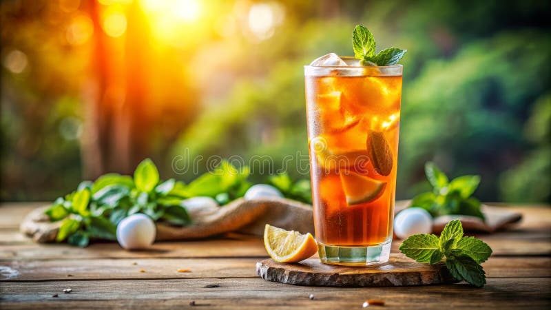 Erfrischender Eistee mit Zitrone und Minze auf Holztisch. Generative AI stock abbildung