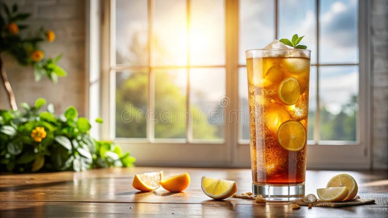 Erfrischender Eistee mit Zitrone und Minze durch sonniges Fenster. Generative AI lizenzfreie abbildung