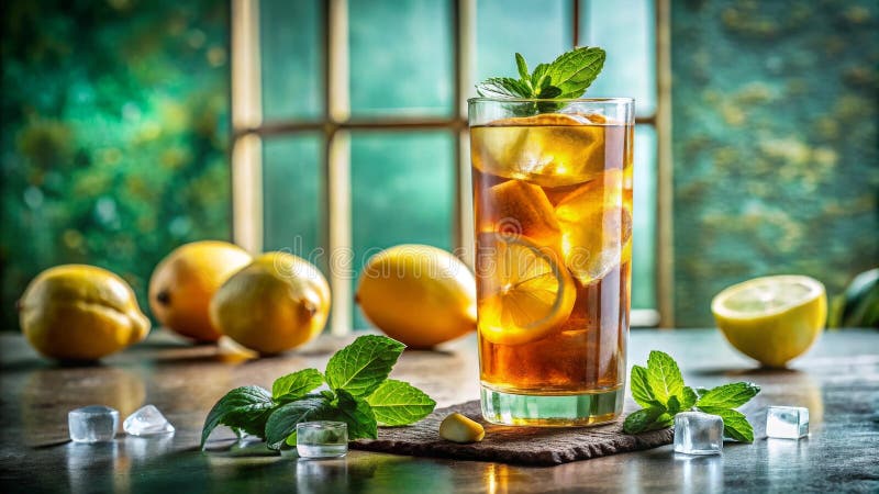 Erfrischender Eistee mit Zitrone und Minze im großen Glas. Generative AI vektor abbildung