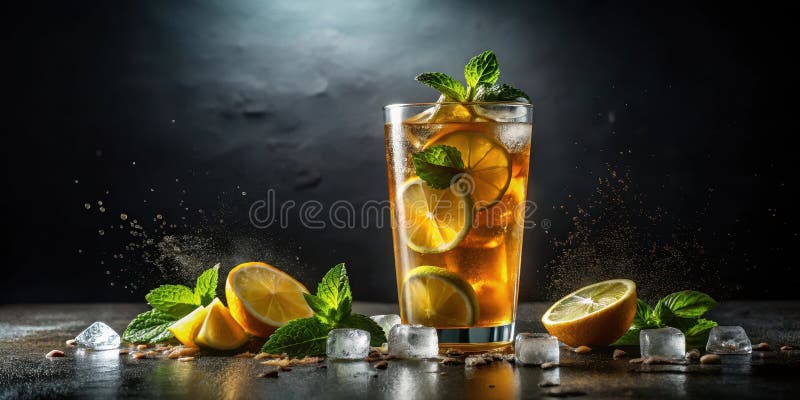 Erfrischender Eistee mit Zitrone und Minze in einem hohen Glas. Generative KI vektor abbildung