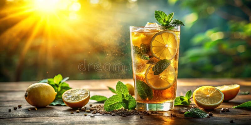 Erfrischender Eistee mit Zitrone und Minze am sonnigen Tag. Generative AI stock abbildung