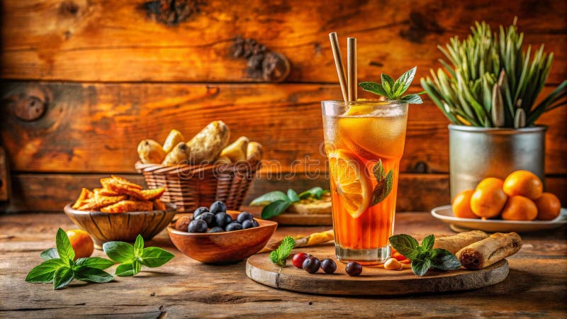Erfrischender Eistee mit Zitrusfrüchten und Beeren mit Backwaren und Obst. Generative AI stock abbildung