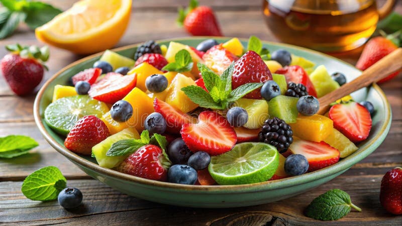 Erfrischender Fruchtsalat mit Minze und Zitrusfrüchten. Generative AI lizenzfreie abbildung