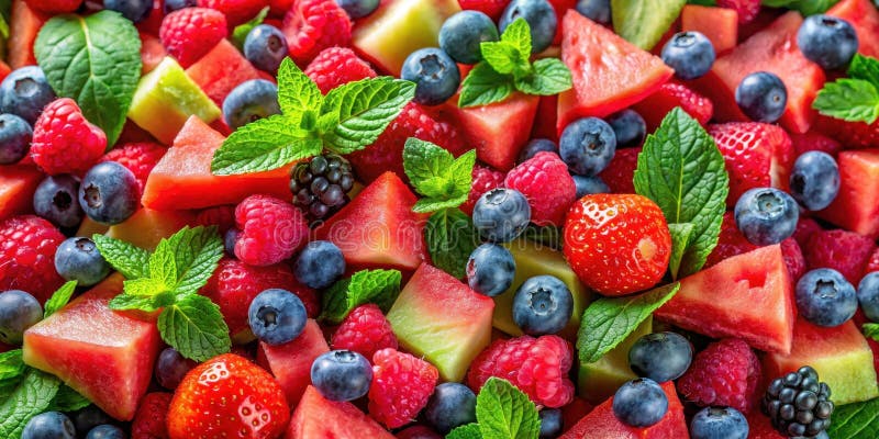 Erfrischender Fruchtsalat mit Wassermelonen und Minze. Generative AI lizenzfreie abbildung