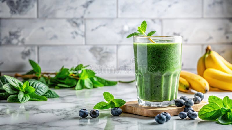 Erfrischender grüner Smoothie mit Banane und Blaubeere. Generative AI stock abbildung