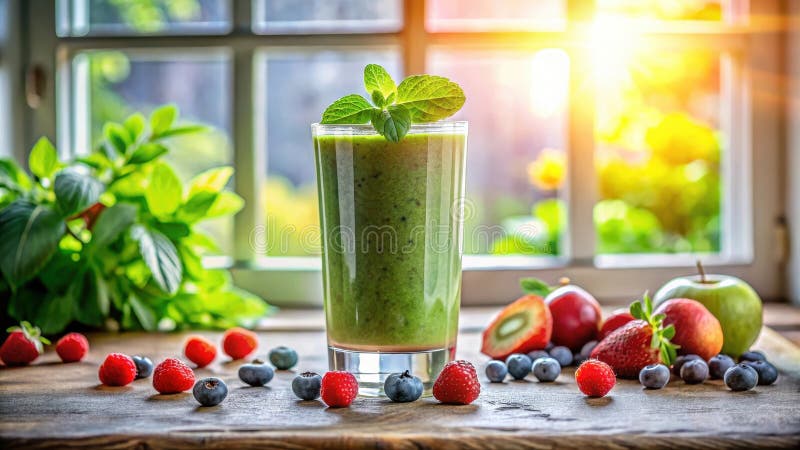 Erfrischender grüner Smoothie mit sommerlichen Beeren und Früchten durch ein Fenster. Generative AI vektor abbildung