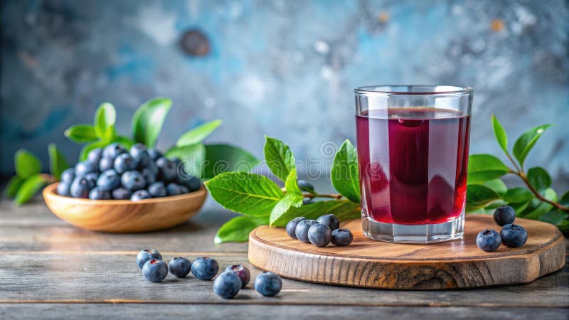 Erfrischender Heidelbeersaft mit frischen Beeren und üppigen grünen Blättern auf rustikalem Holztisch. Generative AI vektor abbildung