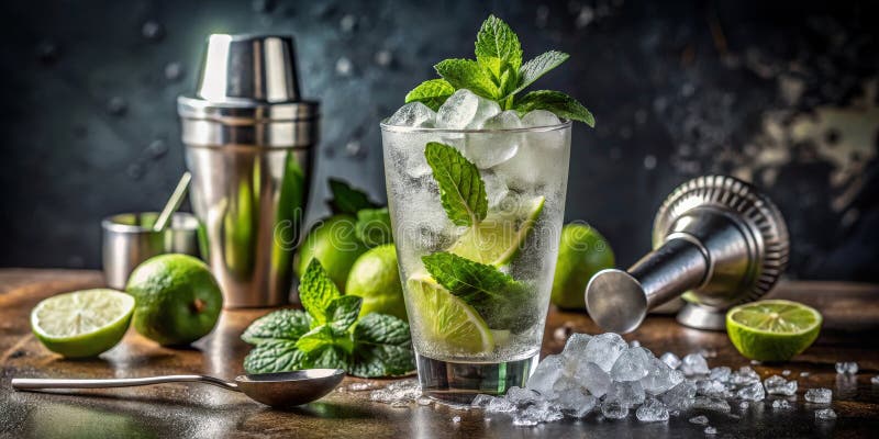Erfrischender Kalkcocktail mit Bar-Tools. Generative AI stock abbildung