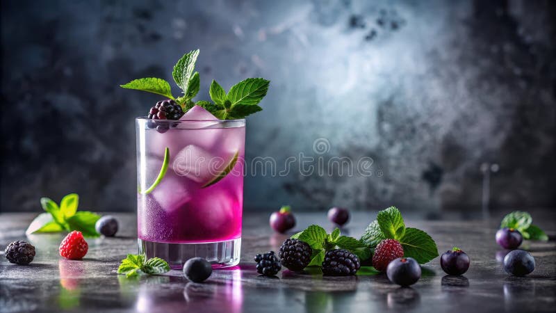 Erfrischender violetter Beerencocktail mit Eis und Minzgarni in einem Glas. Generative AI lizenzfreie abbildung
