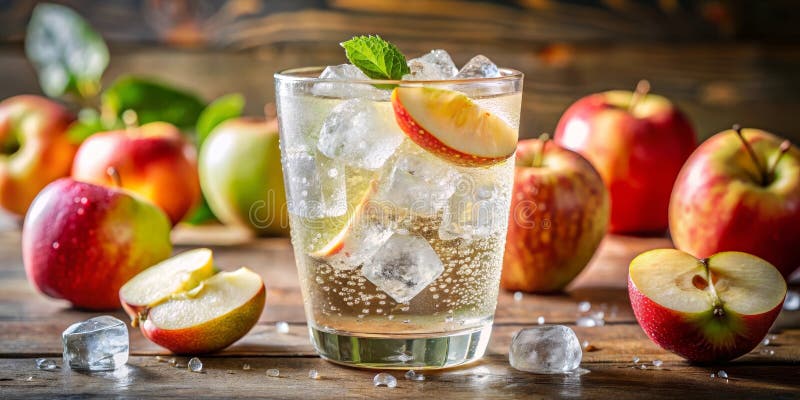 Erfrischendes Apfelgetränk mit geschnittenem Obst und Minze. Generative AI vektor abbildung
