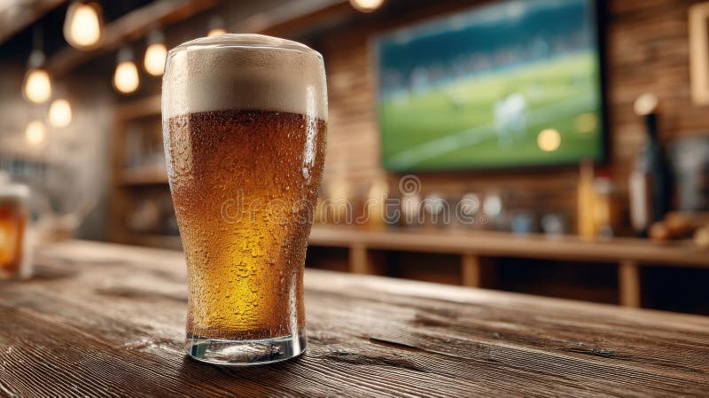 Erfrischendes Bier sitzt an der hölzernen Bar mit Sportereignissen im Fernsehen in einem gemütlichen Pub während eines abendlichen stock abbildung