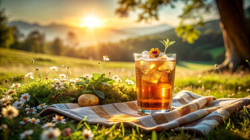 Erfrischendes Eisgetränk auf der sonnigen Wiese Picknick. Generative AI stock abbildung