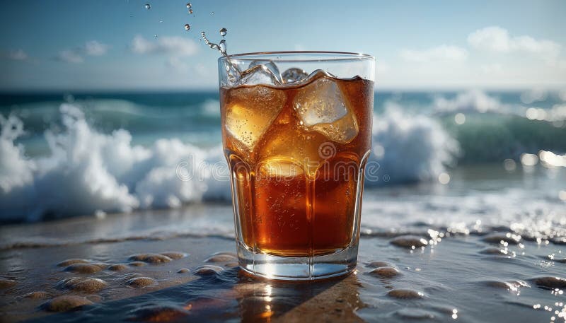 Erfrischendes Eisgetränk in einem Glas durch die Meereswellen vektor abbildung