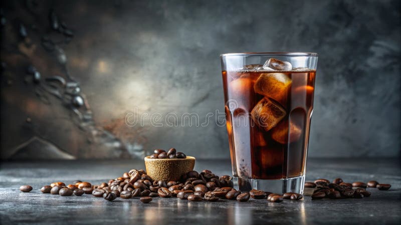 Erfrischendes Eiskaffee mit gerösteten Kaffeebohnen. Generative AI stock abbildung