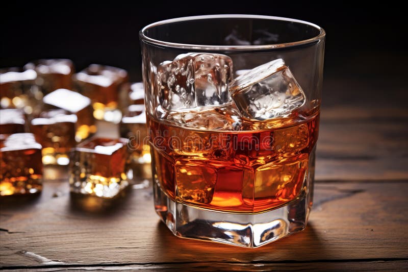 Erfrischendes Glas Whiskey auf den Felsen mit scharfen Eiskuben Perfekt für einen entspannenden Abend stock abbildung