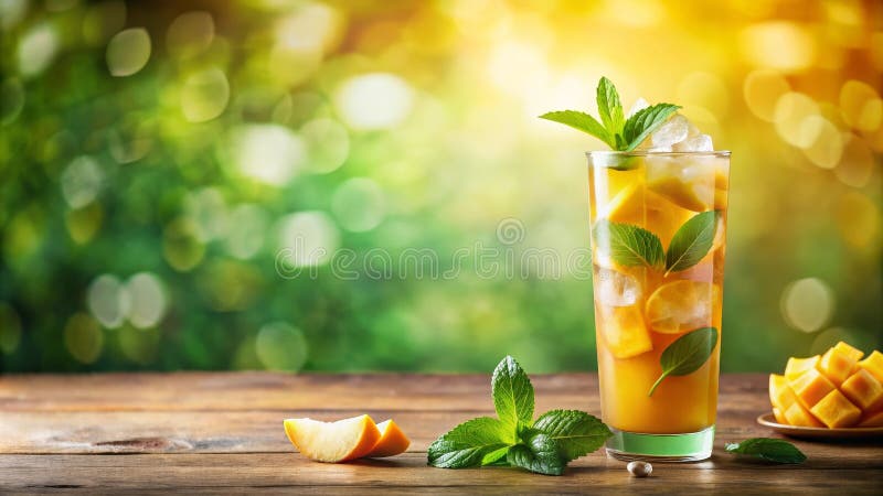 Erfrischendes Mango Minzgetränk auf Holztisch. Generative AI stock abbildung