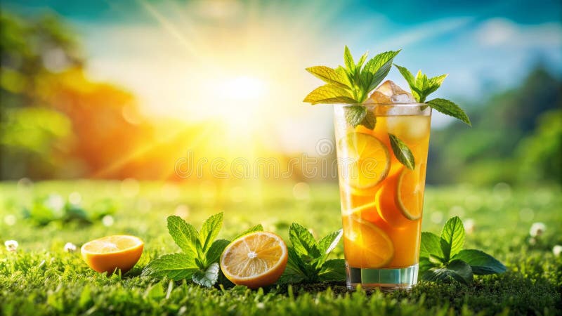 Erfrischendes Zitrusgetränk mit Minze auf Gras. Generative AI stock abbildung