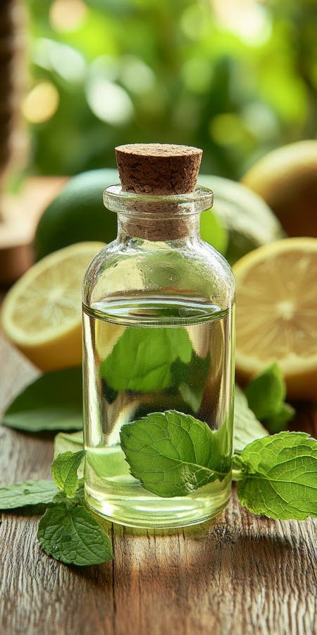 Erfrischendes Öl Blend Lemon Balm Extract mit frischer Zitrusfrüchte und Kräuter auf rustikalem Holz lizenzfreie abbildung